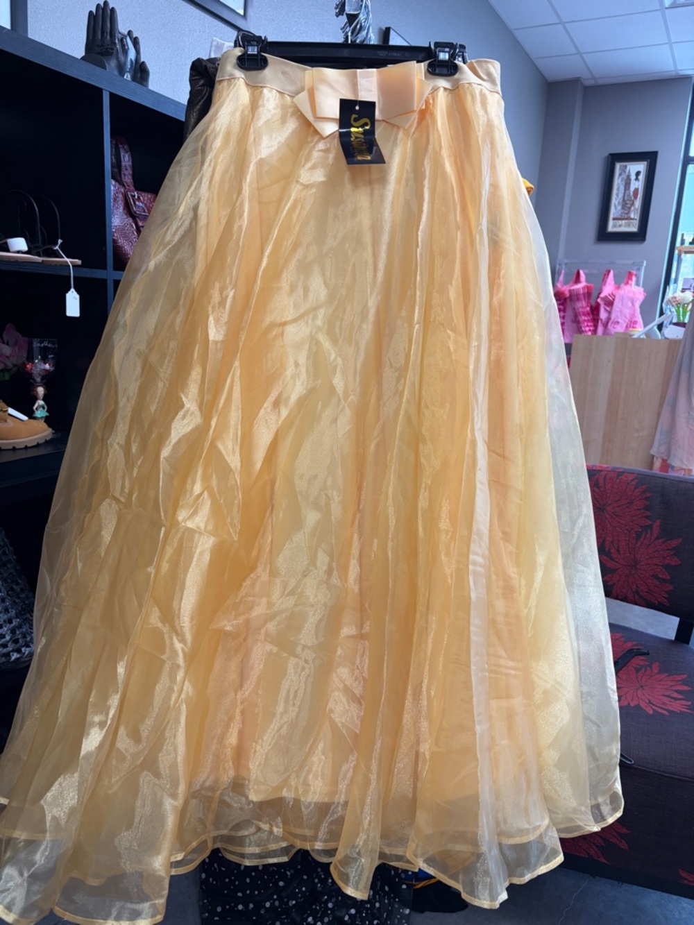 Yellow Organza Full-Length A-Line Skirt with Bow Waist